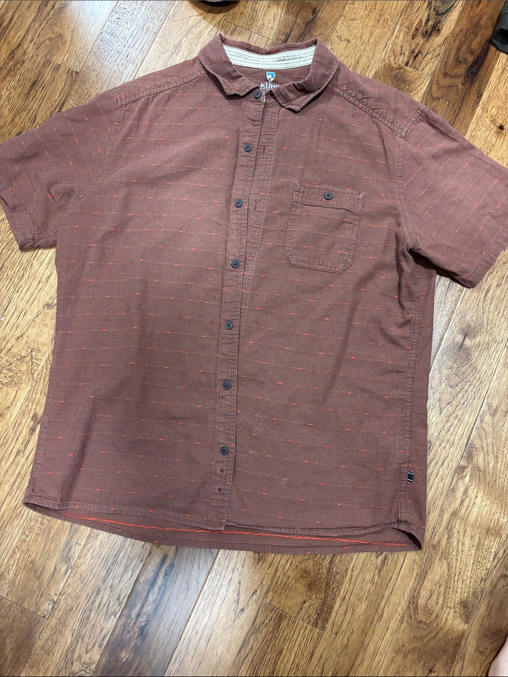 Kuhl Men's Short Sleeve Button-Down Shirt - Rust with Subtle Orange Dots